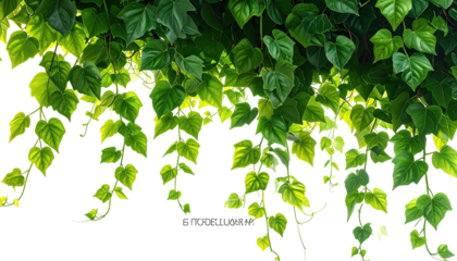Dense green leaves dangle against black background