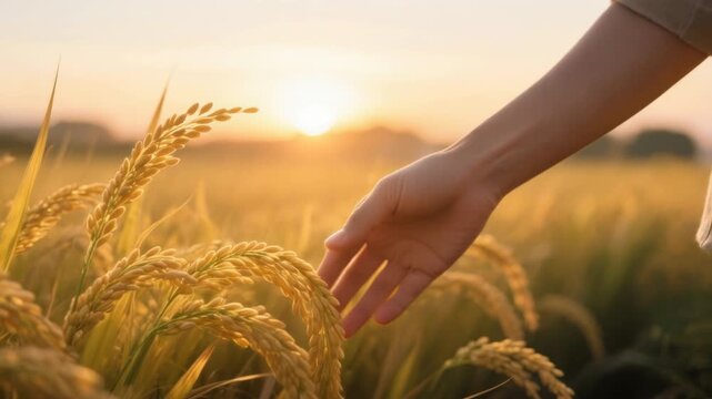Golden wheat hand harvest sunrise rural field, nature agriculture and grain summer serenity with warm glow gentle touch macro connection to land