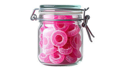 Pink rings candy stacked neatly in clear glass jar with metal clasp