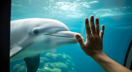Fototapeta premium Close-up of a tender interaction between a person and a dolphin separated by glass, symbolizing a bond with marine life