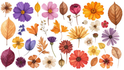 Autumnal botanical collection, various flowers and leaves on black