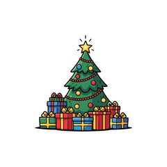 Fototapeta premium A cartoon Christmas tree adorned with ornaments and a star, surrounded by colorful wrapped presents, isolated on a white background.