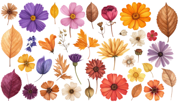 Autumnal botanical collection, various flowers and leaves on black
