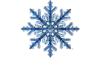 Six-sided, intricate icy blue snowflake on black background