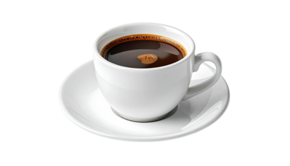 Steaming black coffee in a white cup on a saucer, isolated