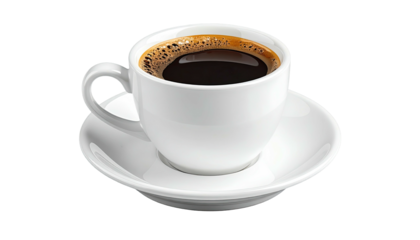 Black coffee in white cup and saucer, on a black background