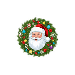 A cheerful cartoon Santa Claus face smiling from the center of a festive Christmas wreath.