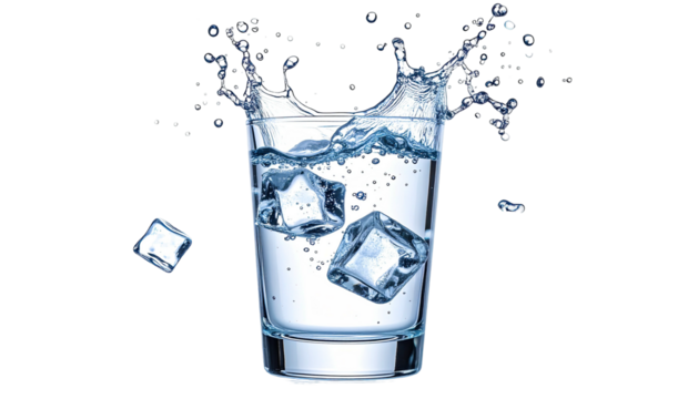 Refreshing water splashes from glass with ice cubes against black