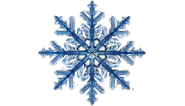 Six-sided, intricate icy blue snowflake on black background