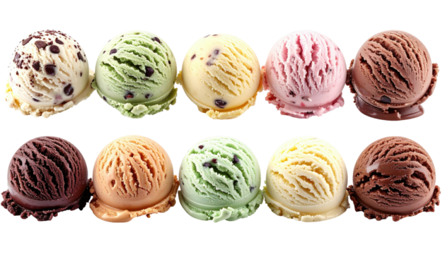 Ten assorted ice cream scoops in varied pastel and dark colors