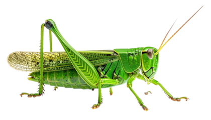 Bright green grasshopper in profile on a transparent background