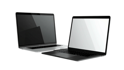 Two laptops with opened screens shown against a black background