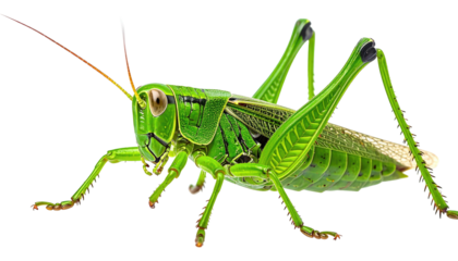 Bright green grasshopper with long antennae and powerful legs