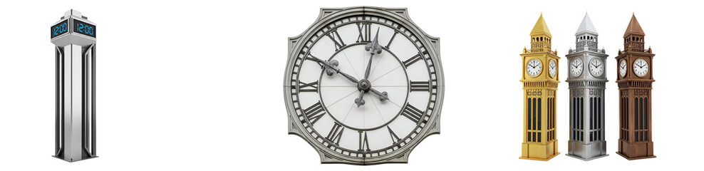 Fototapeta premium Various clock towers and a large clock face with roman numerals displayed in a line up format on transparent background