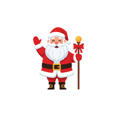 Cheerful cartoon Santa Claus character in traditional red suit, waving hello and holding a golden staff adorned with a red bow.
