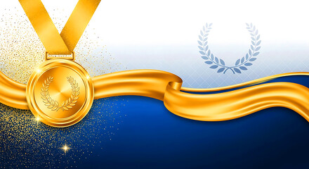 Luxurious award background featuring a gold medal and wavy blue ribbon. Perfect for certificate, recognition, or success celebration designs.