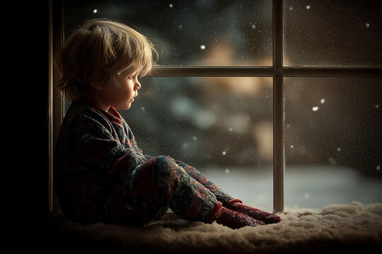 Child looking at snow falling outside window winter season christmas