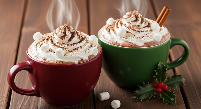Two mugs of hot chocolate with whipped cream and marshmallows on a wooden table surface close up view - Powered by Adobe