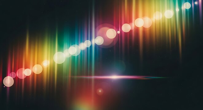 Abstract background with rainbow colored streaks and bokeh light effects on a dark backdrop