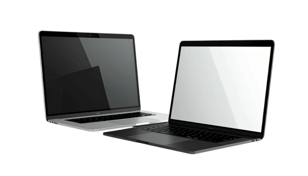 Two laptops with opened screens shown against a black background