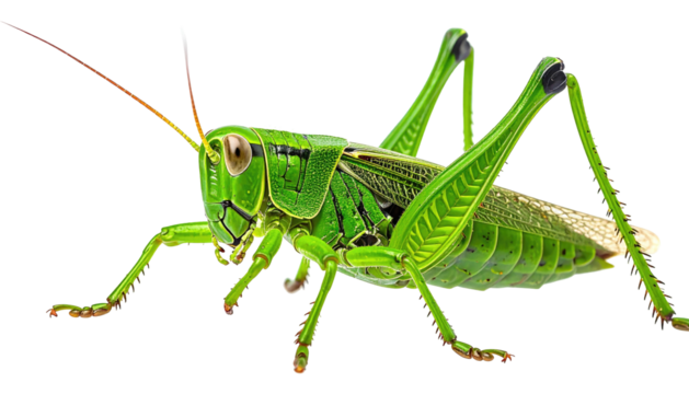 Bright green grasshopper with long antennae and powerful legs