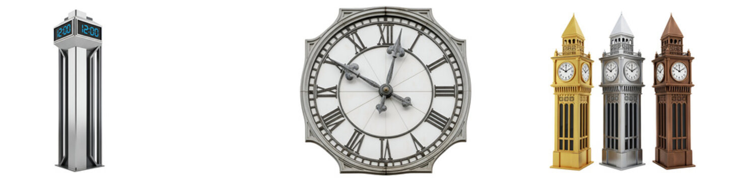 Various clock towers and a large clock face with roman numerals displayed in a line up format on transparent background