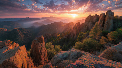 Misty mountain landscape at sunrise with sunbeams breaking through clouds