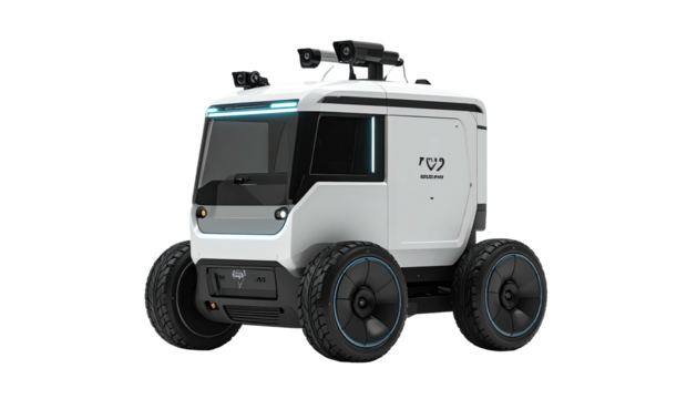 Boxy white robot vehicle with chunky tires and sensor array