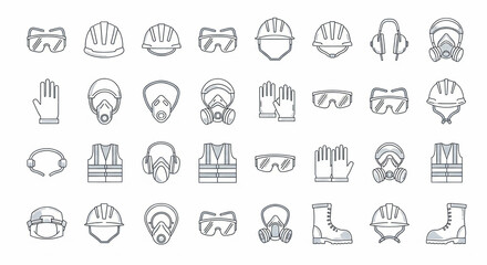 Outline illustration showcasing safety equipment icons arranged on a white background, conveying a protective mood with a clean and minimalist aesthetic.