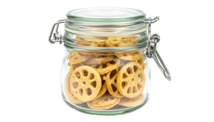 Sliced lotus root chips fill a sealed clear glass jar