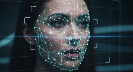 Closeup of a womans face with a digital overlay of a facial recognition grid and connecting lines, representing biometric identification and technology