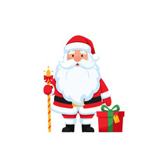 A cheerful Santa Claus figure standing with a gift box and a decorative staff, ready for Christmas.