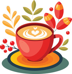 Coffee cup, beans, and drink with hot steam in a vector illustration for a cafe break