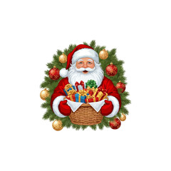 Santa Claus carrying a basket full of colorful wrapped Christmas gifts, with a decorated evergreen wreath in the background.