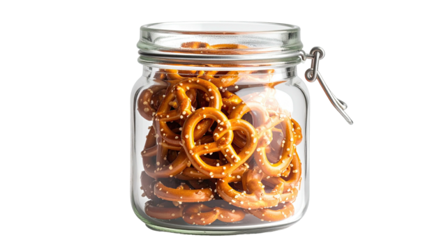 Clear glass jar filled with pretzels, tightly sealed