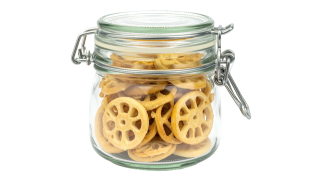 Sliced lotus root chips fill a sealed clear glass jar