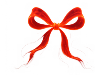 Burning red ribbon bow forming a fiery presentation element, glowing with orange flames, transparent background