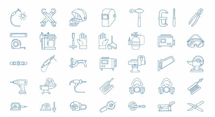A collection of welding equipment icons in a line art style against a clean white background, conveying a technical and industrial theme.