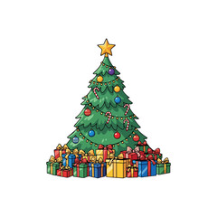 A beautifully decorated Christmas tree adorned with colorful ornaments, candy canes, and a shining star, surrounded by a generous pile of wrapped presents.