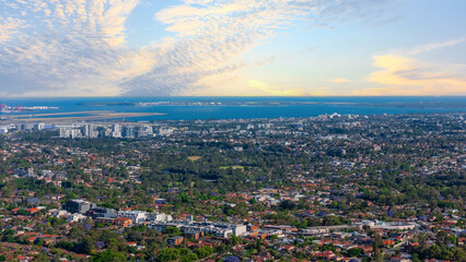 Panorama aerial drone view of western Sydney Suburbs of Canterbury Burwood Ashfield Marrickville Campsie with Houses roads and parks in Sydney New South Wales NSW Australia