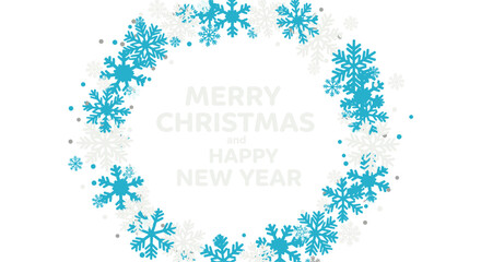 A festive Christmas and New Year's greeting is framed by a delicate wreath of blue and white snowflakes, creating a joyful and wintery holiday illustration.