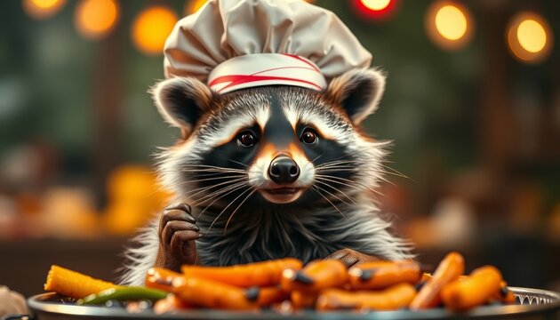 A raccoon in a chef's hat, cooking barbecue against a bokeh garden backdrop, cinematic. For advertising, posters, and banners.