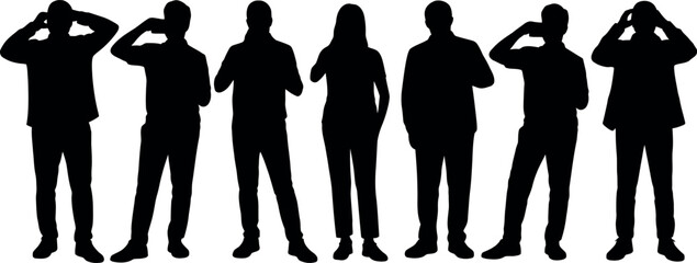 Silhouette of diverse people using mobile phones and gesturing thoughtfully