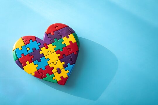 Colorful puzzle heart symbolizing autism awareness and acceptance representing the unique pieces that form a whole and the diversity within the autism community