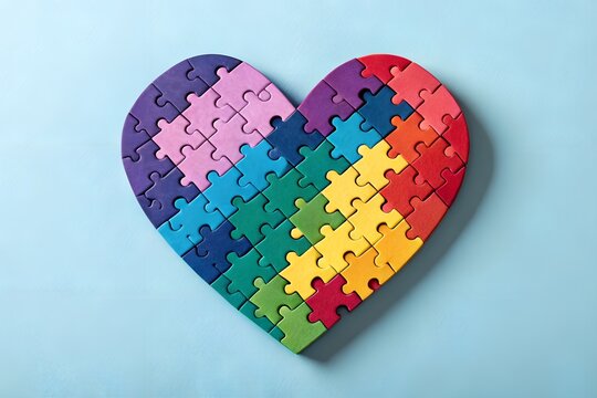 A vibrant heart shape formed from colorful puzzle pieces arranged in a rainbow gradient against a soft blue background symbolizing love unity and diversity