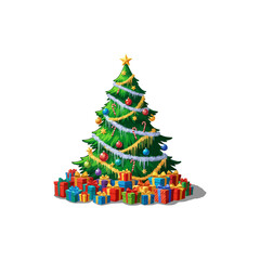 A beautifully decorated Christmas tree adorned with ornaments, tinsel, and a star, surrounded by a generous pile of brightly wrapped gift boxes.