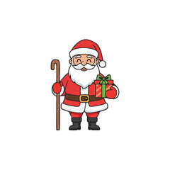 A cheerful cartoon illustration of Santa Claus, dressed in his iconic red suit and hat, holding a wrapped gift and a walking stick.