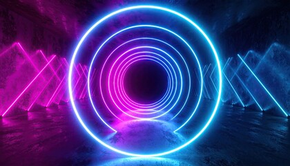 Cyan and Magenta Neon Ring Tunnel with Volumetric Bloom