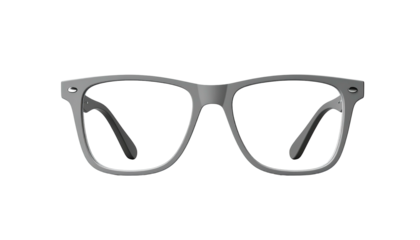 Gray-framed glasses centered, classic shape, black background
