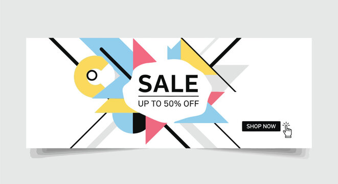 Promotional banner featuring a sale announcement with abstract geometric shapes and a call to action button